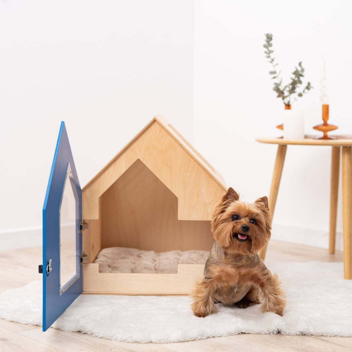 Booth-Style Wooden Dog House - Blue