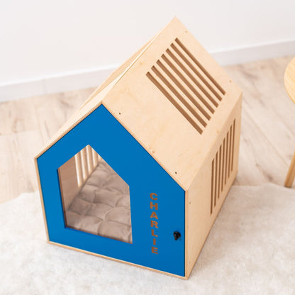 Booth-Style Wooden Dog House - Blue