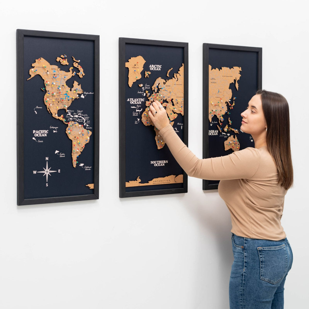 Cork world map triptych - Black