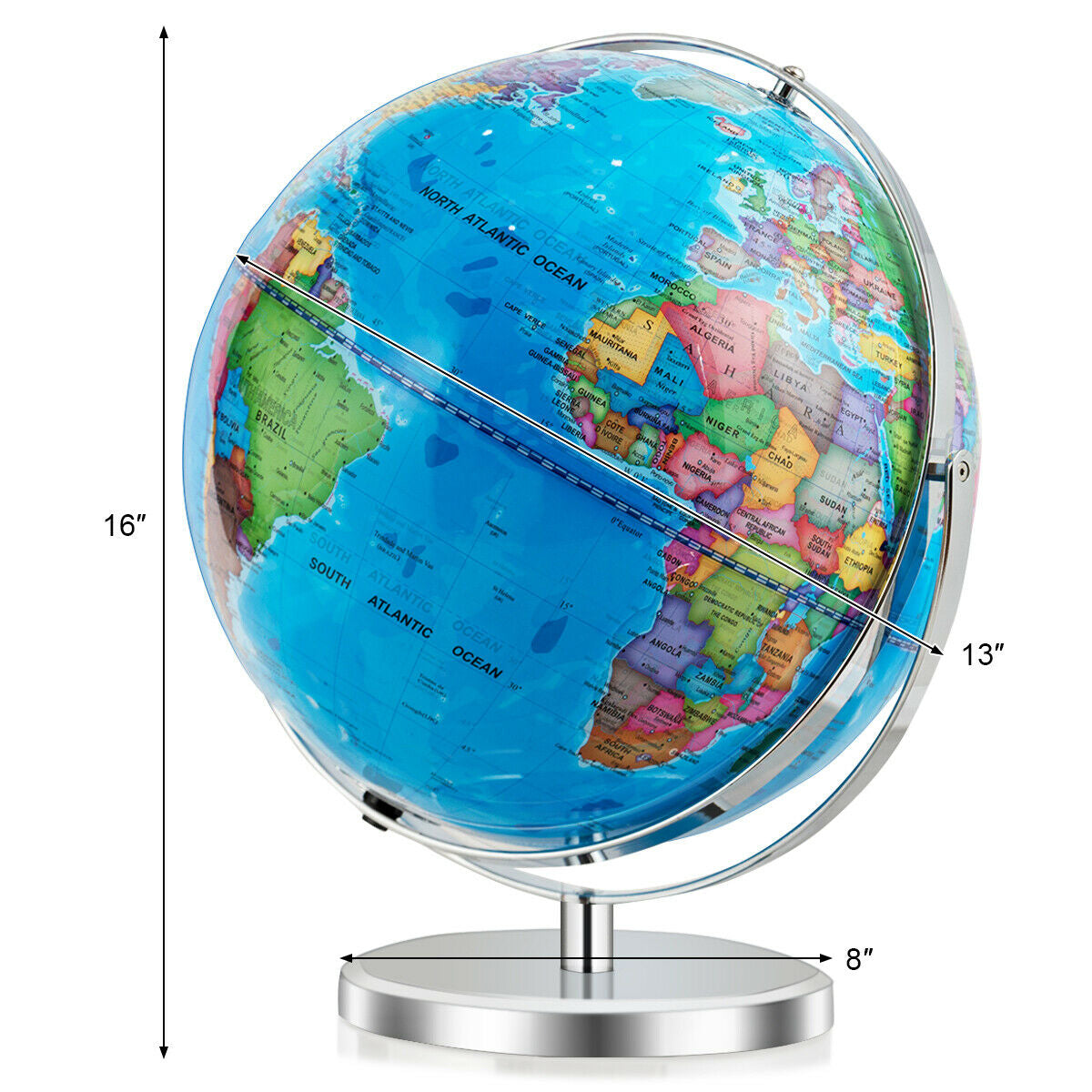 13 Inch Illuminated World Globe 720° Rotating Map with LED Light
